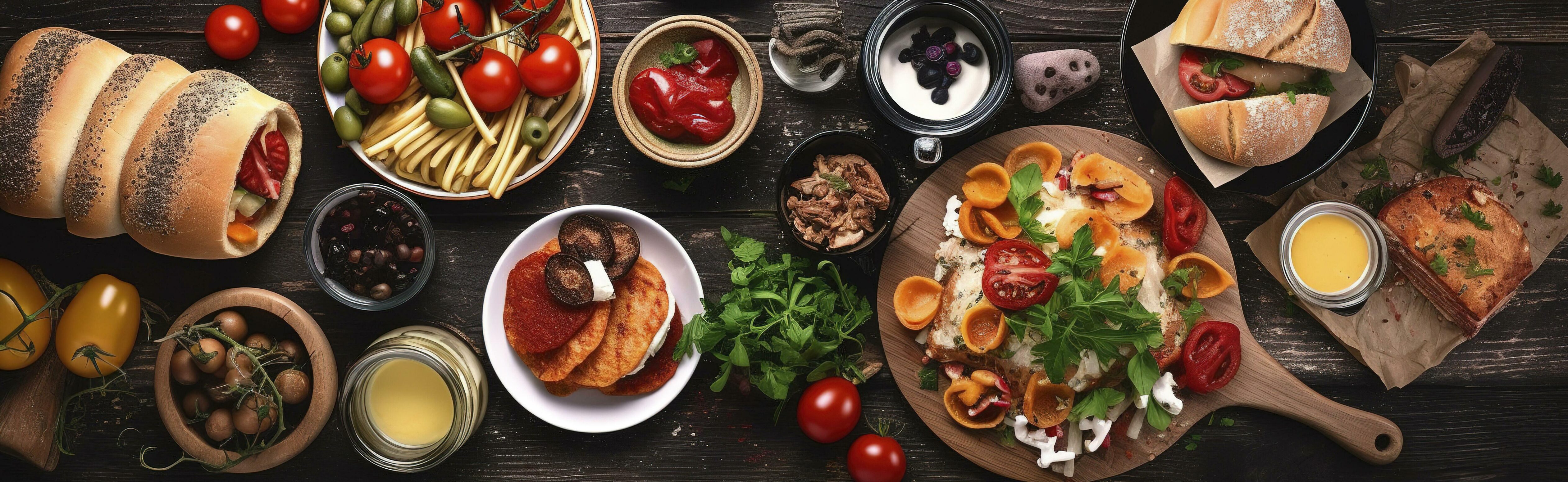 Table scene with a selection of delicious foods. Top view over a dark wood banner background, generate ai Stock Free