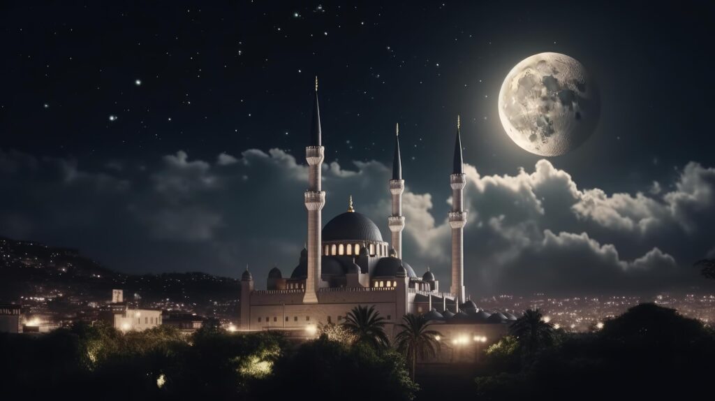 Mosque in front of night cloudy and starry sky Illustration Stock Free