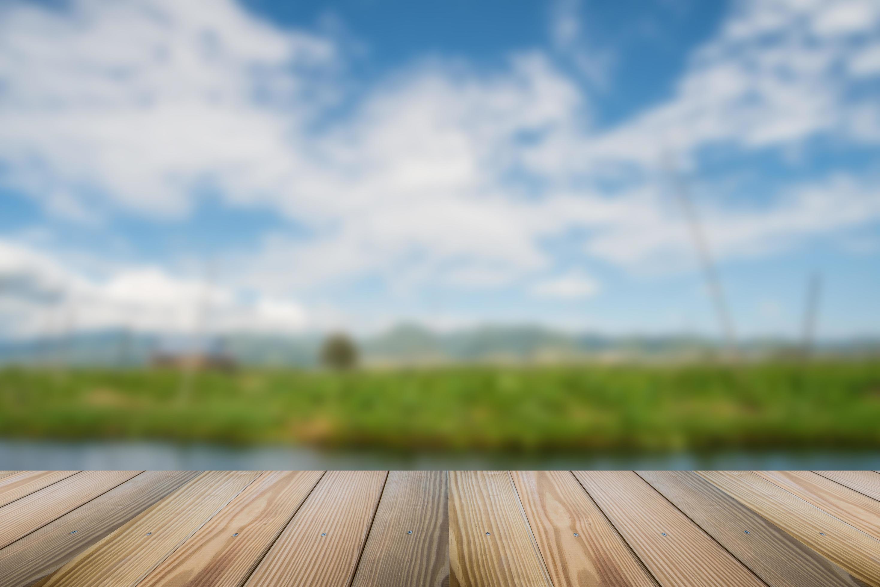 Wood floor with blurred nature background. Stock Free