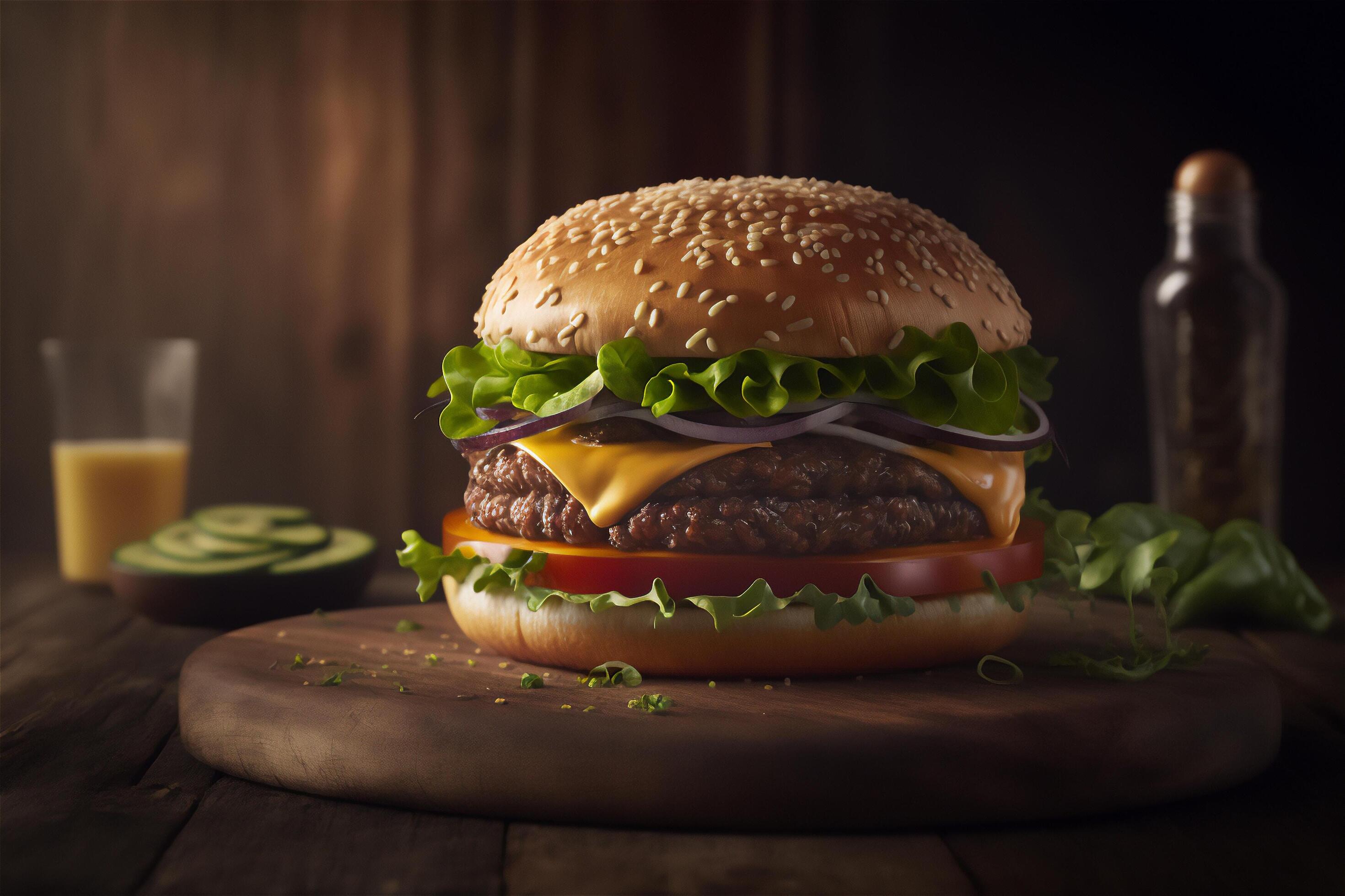 Tasty homemade hamburger on rustic wooden table. Copy space. Advertising. . Fast food snack Stock Free