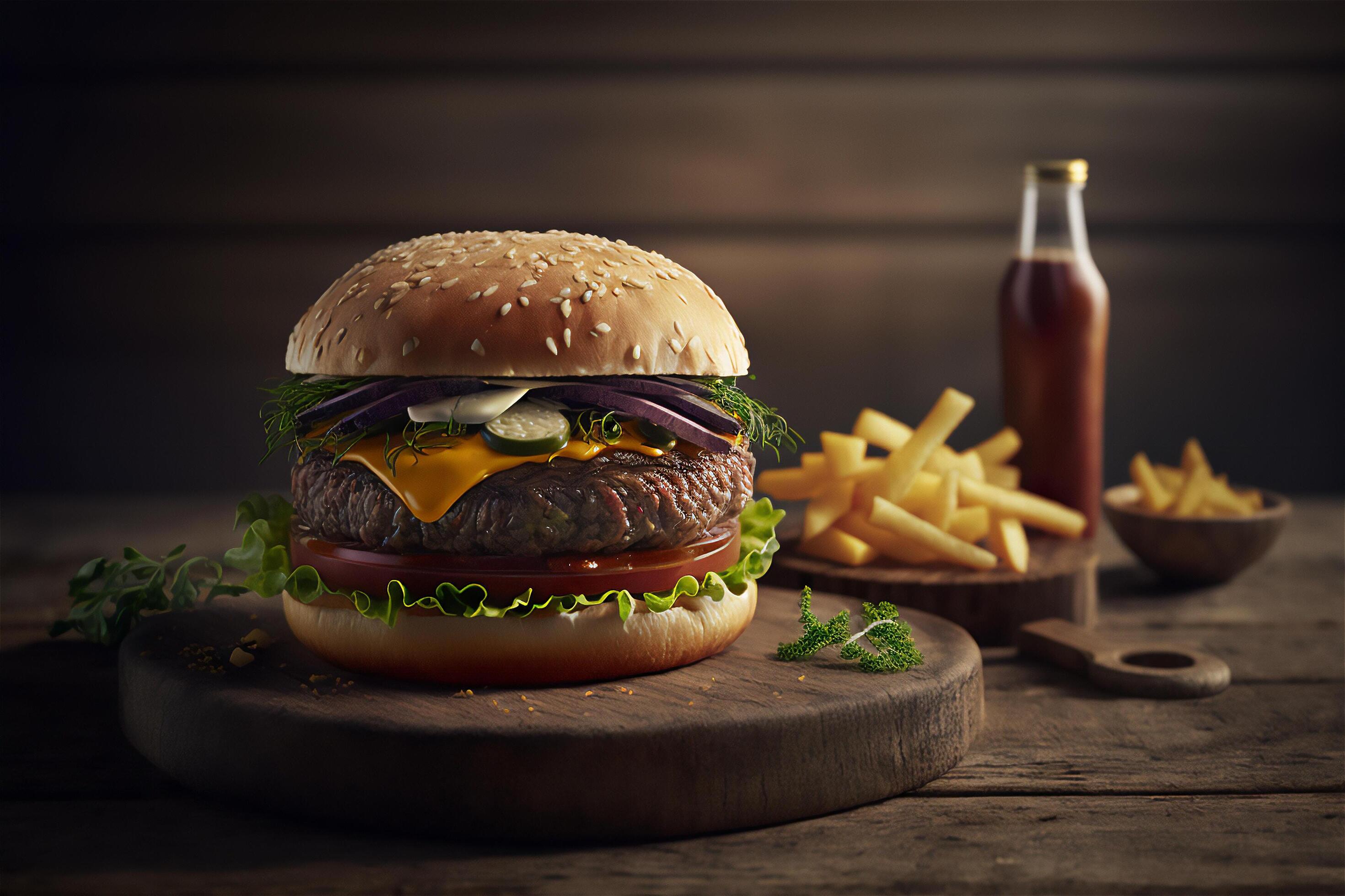 Tasty homemade hamburger on rustic wooden table. Copy space. Advertising. . Fast food snack Stock Free