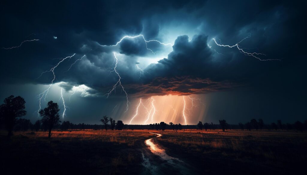 Dramatic sky, dark night, thunderstorm, majestic mountains, wet grass generated by AI Free Photo