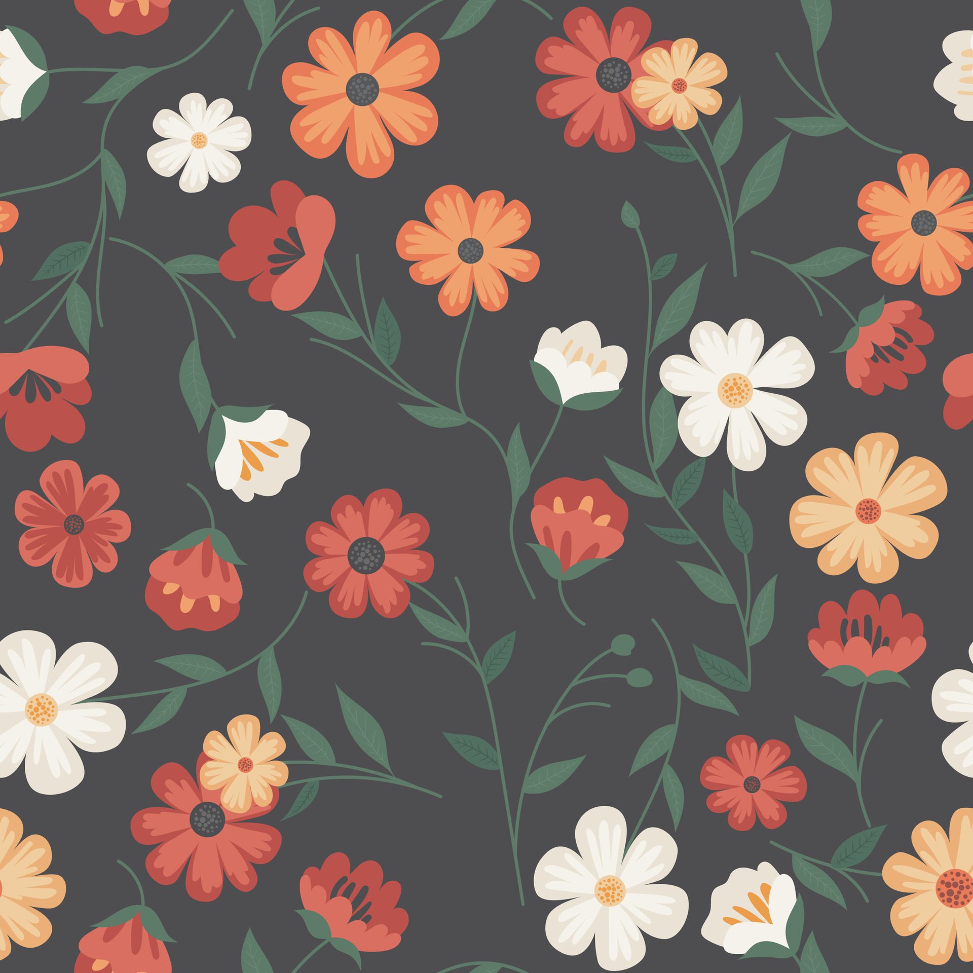 A vintage seamless pattern with simple, flat flowers in red, white and yellow colors. Flower plants ideal for textile, wallpaper, or fabric. Free Vector