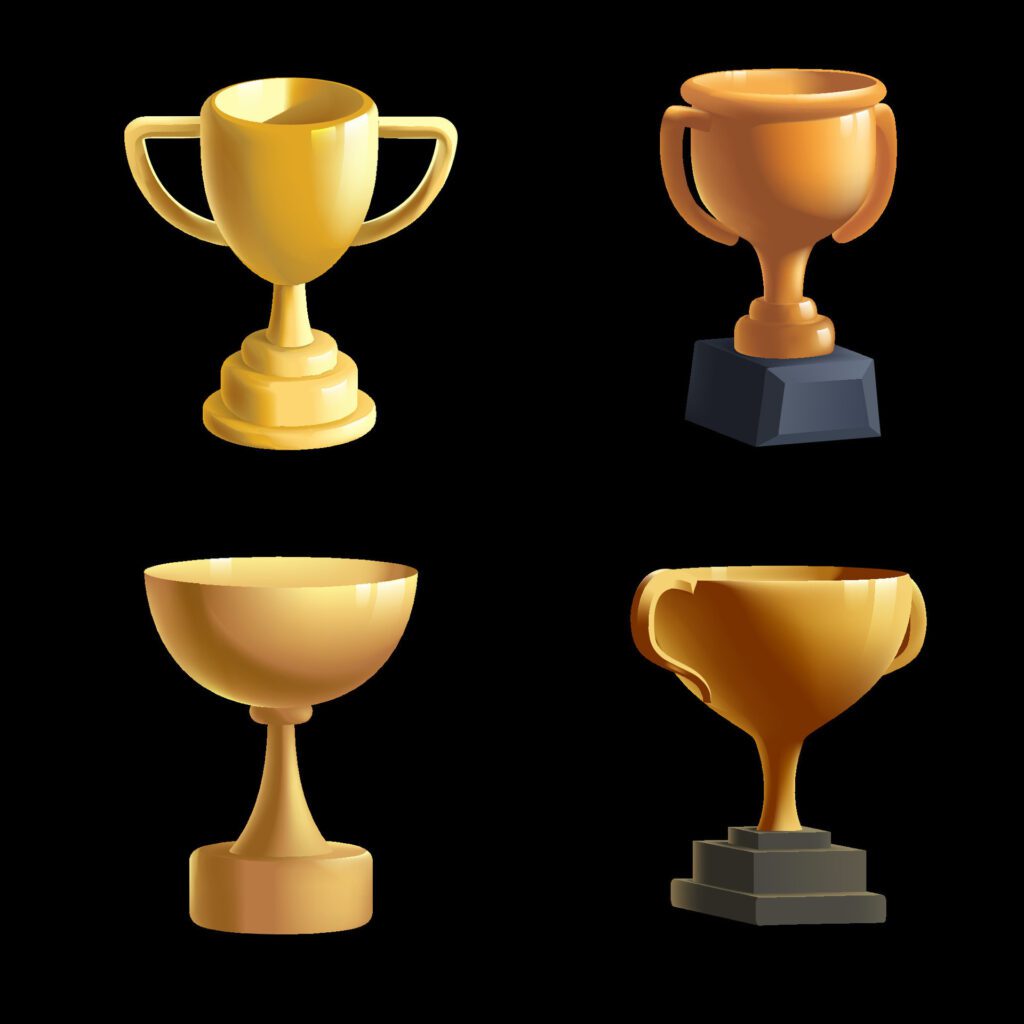 Collection of various gold trophies on a black background Free Vector