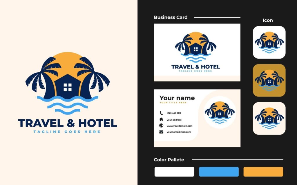 Beach House Logo and business card Design template – Good to use for Beach Resort, Villa and Beach Hotel Stock Free