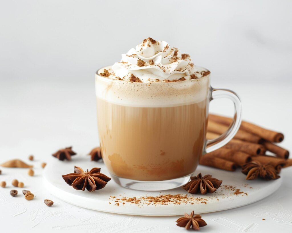 cinnamon latte with whipped cream and cinnamon on a white background Stock Free