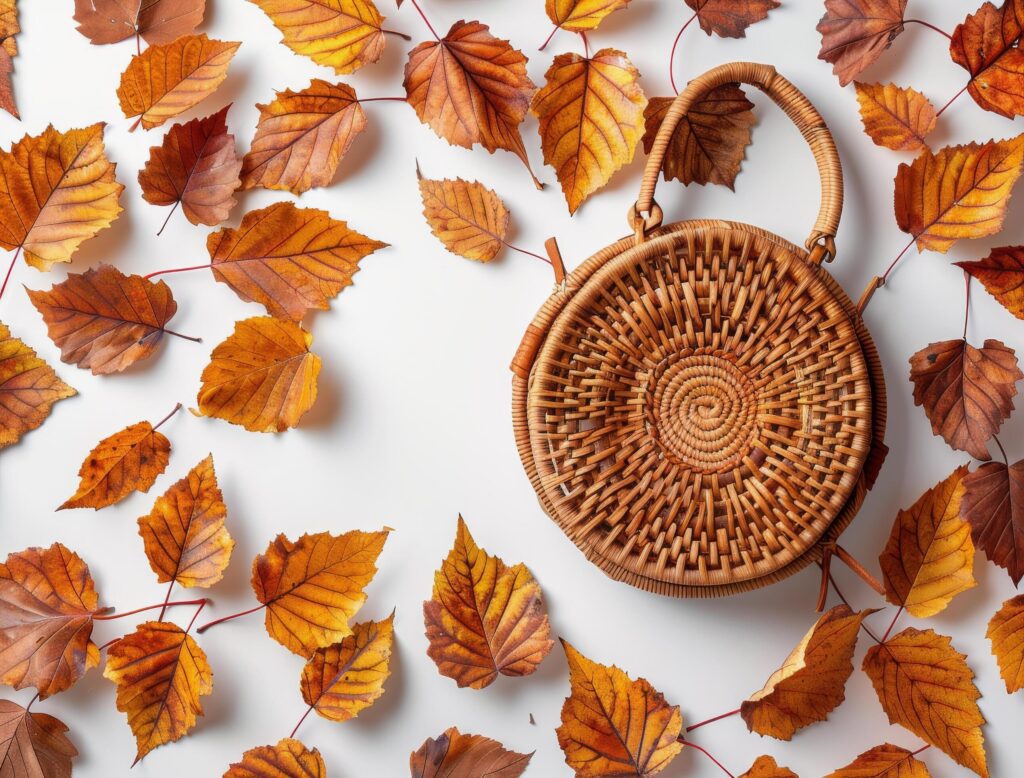 Wicker Bag With Autumn Leaves on a White Background Stock Free