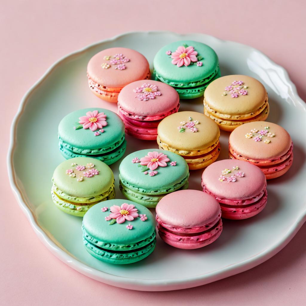 Macarons with pastel flowers by @ai_generated