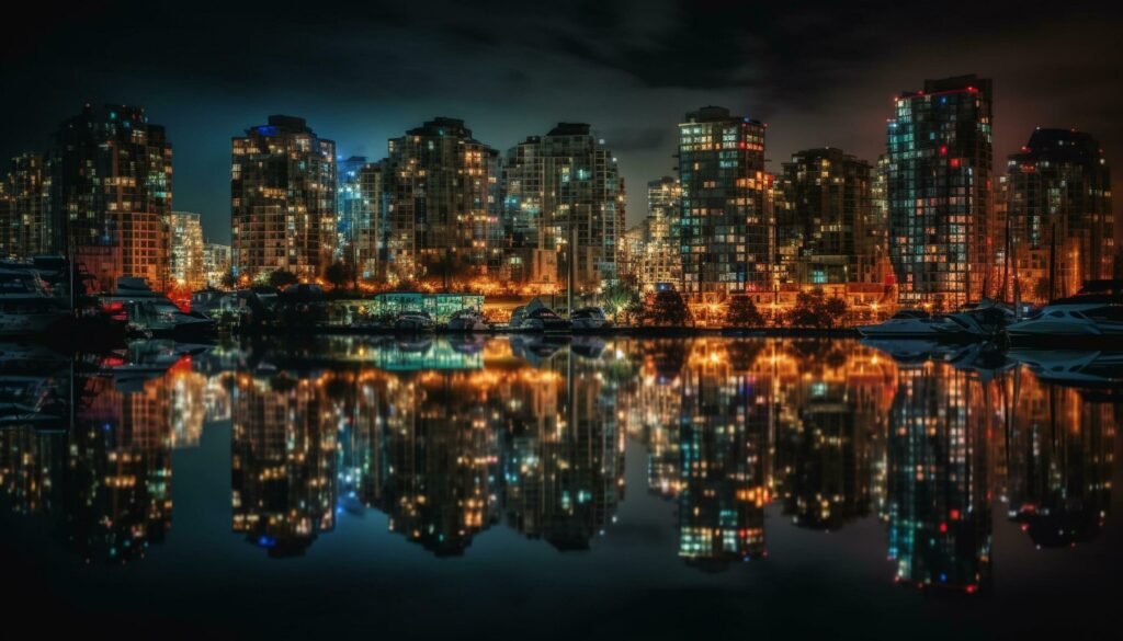 Modern city skyline reflects in waterfront at dusk generated by AI Stock Free