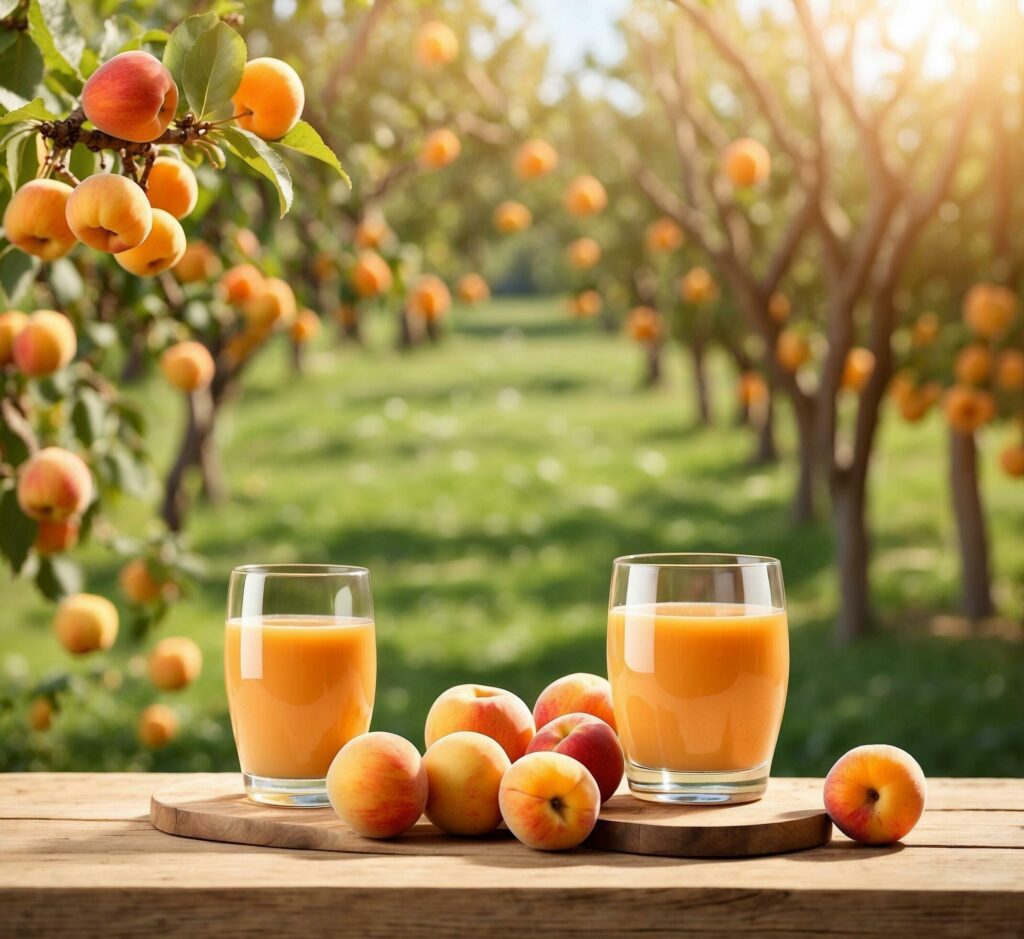 Two glasses of apricot juice on a wooden table in the garden Free Photo