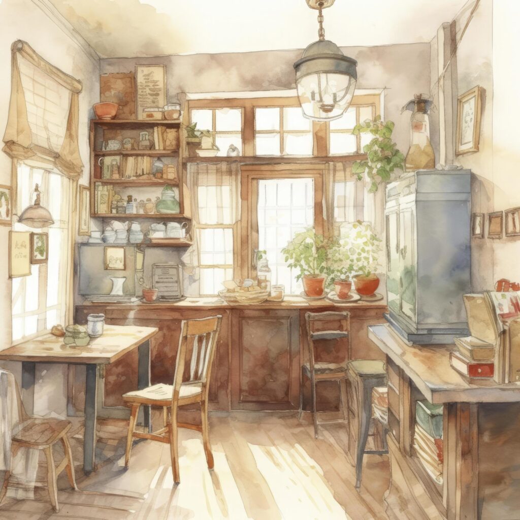 light watercolor, interior of a cozy cafe on white background, Generate Ai Stock Free