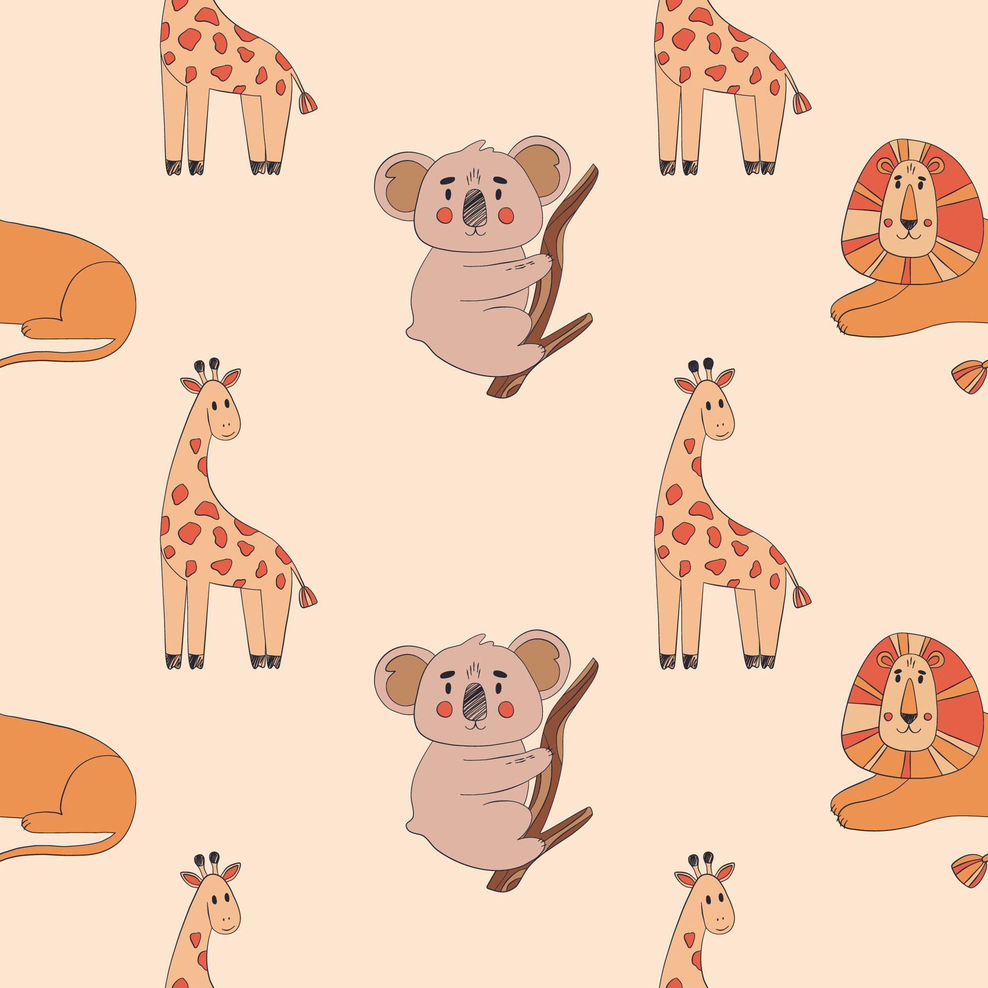 Safari animals pattern, summer kids print. Cute african animals. Giraffe, lion, koala. Free Vector