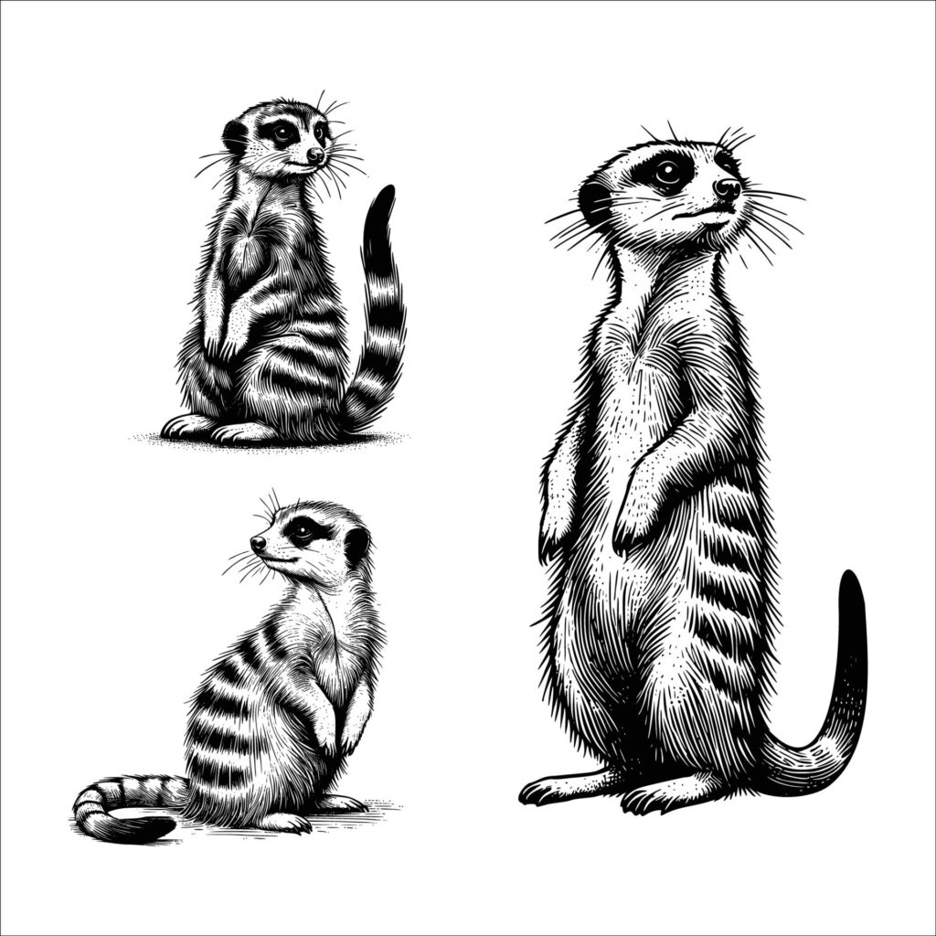 set of meerkat animal illustration. black and white hand drawn meerkat illustration isolated white background Free Vector