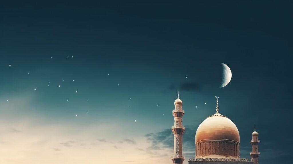 Mosques Dome on dark blue twilight sky and Crescent Moon on background Illustration Stock Free