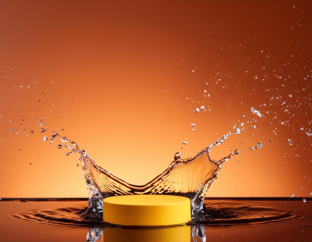 empty yellow podium mockup with water splash on a gradient background for product display Stock Free