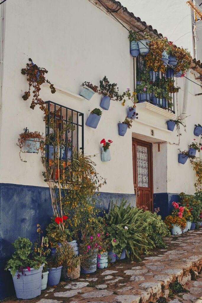 Traditional street in the old town of Grazalema, Spain, with flowers. Geranium. Stock Free