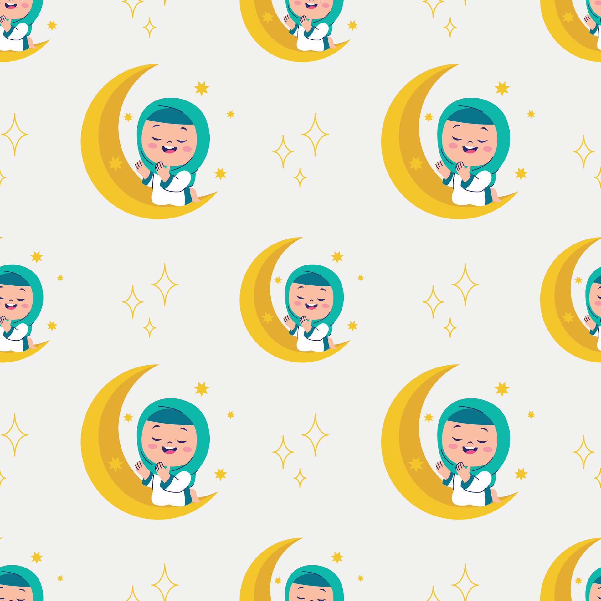 CUTE ISLAMIC GIRL IN HIJAB IS PRAYING ON THE MOON SEAMLESS PATTERN Free Vector