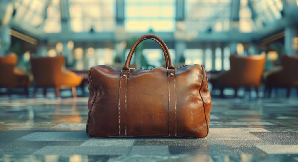 Brown Leather Travel Bag In Airport Lobby Stock Free