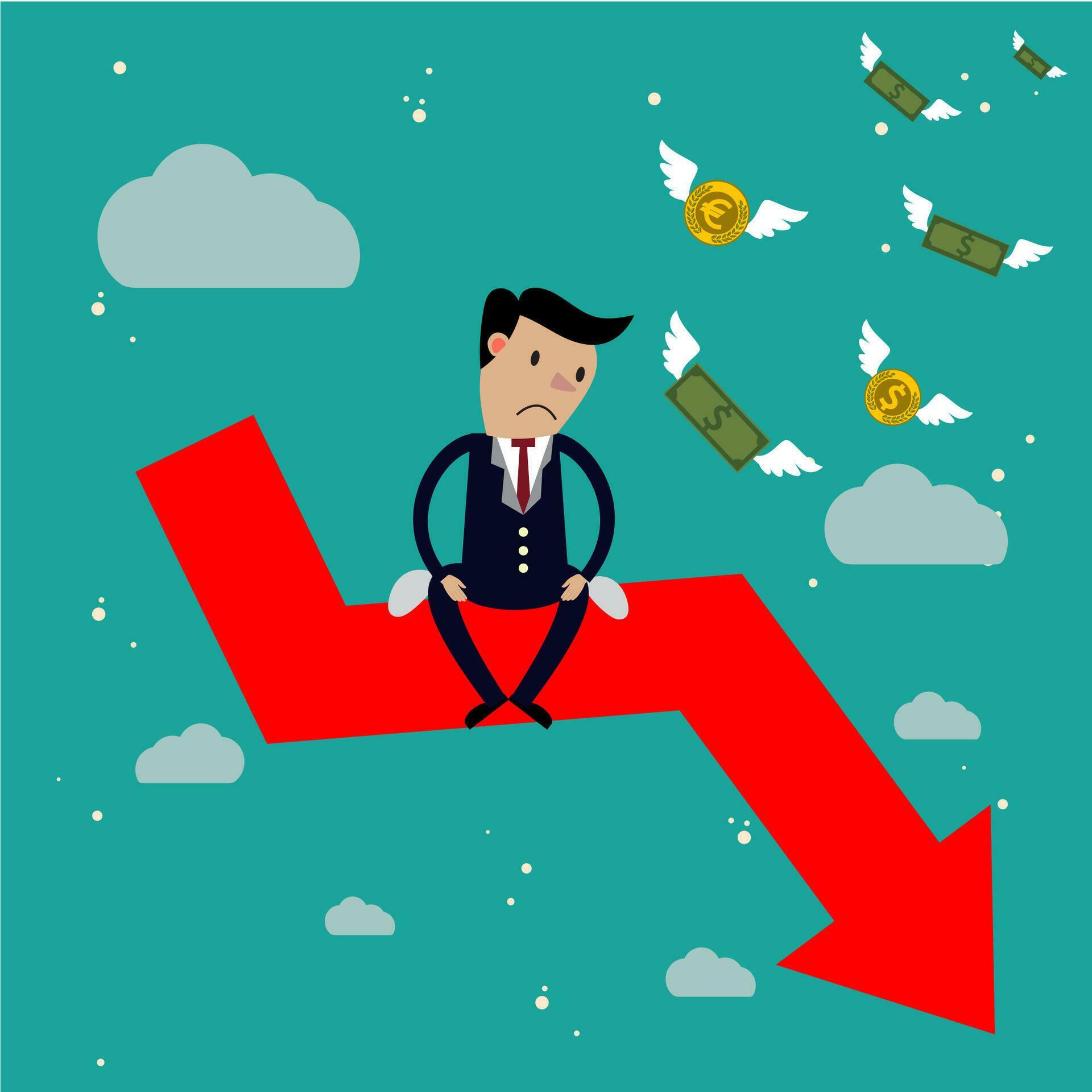 Businessman sit on arrow stock market crash, Stock Free