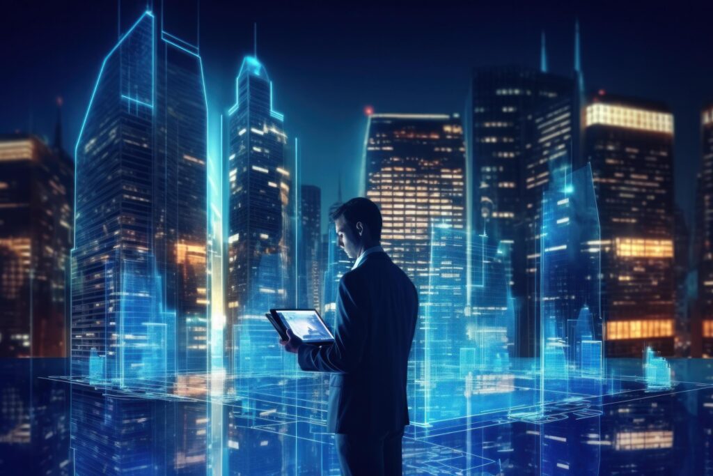 A person with a digital tablet and a hologram of modern buildings Illustration Stock Free