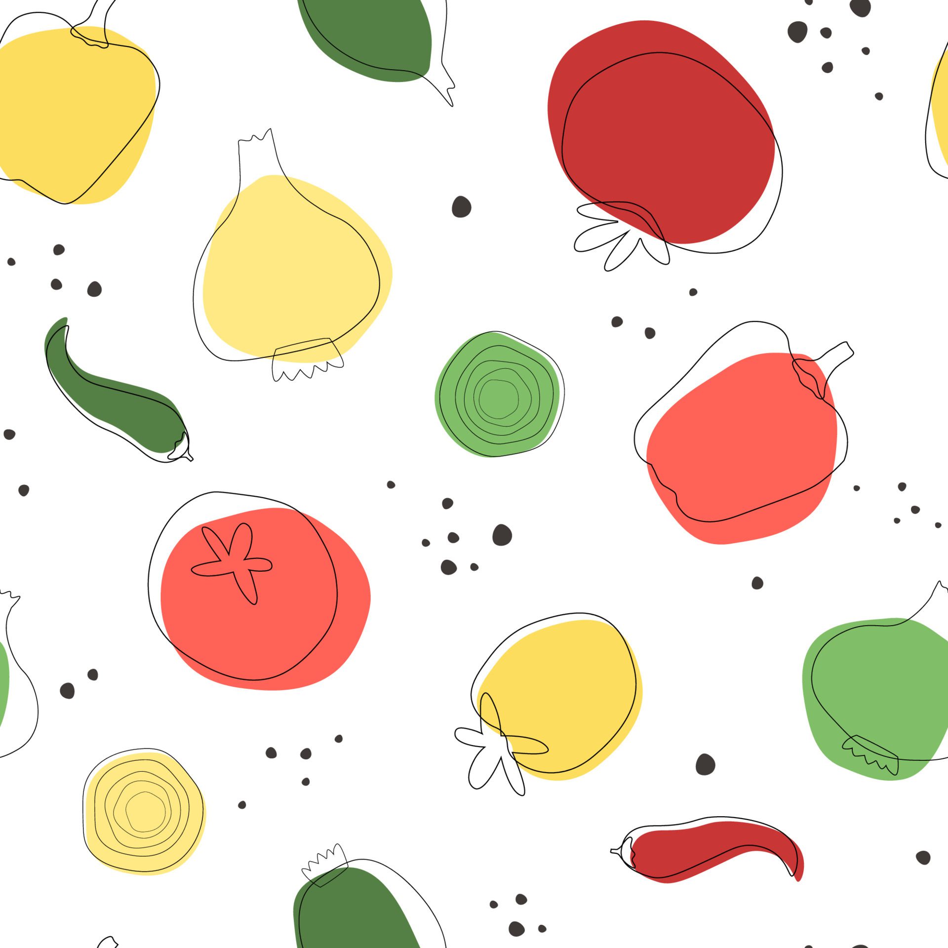 Seamless pattern with pepper and tomatoes, onion, paprika. Print with a vegetable for proper vegan nutrition. Vector graphics. Free Vector