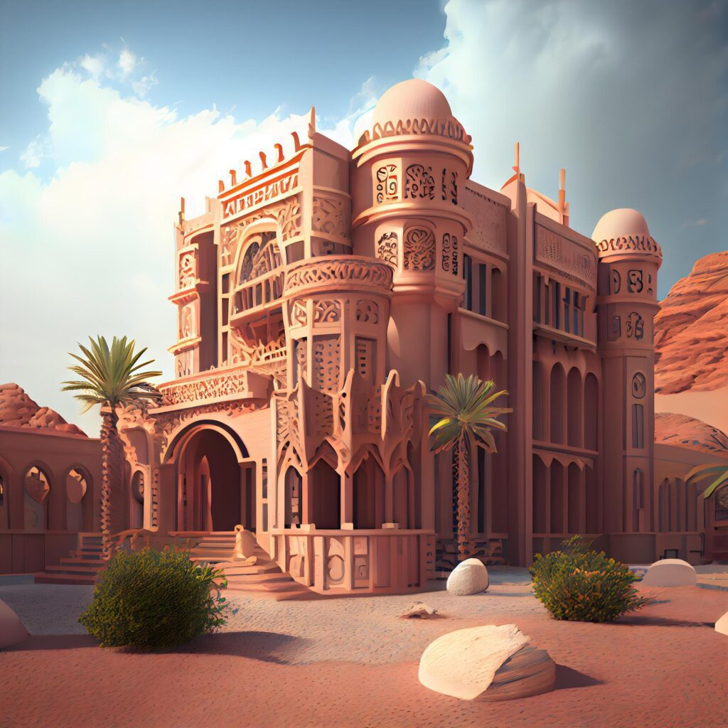 3D render of a mosque in the desert with palm trees., Image Stock Free