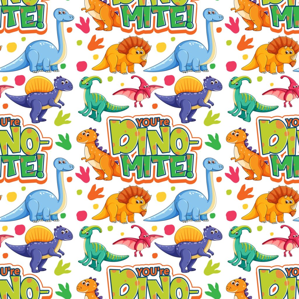 Seamless pattern with cute dinosaurs and font on white background Free Vector