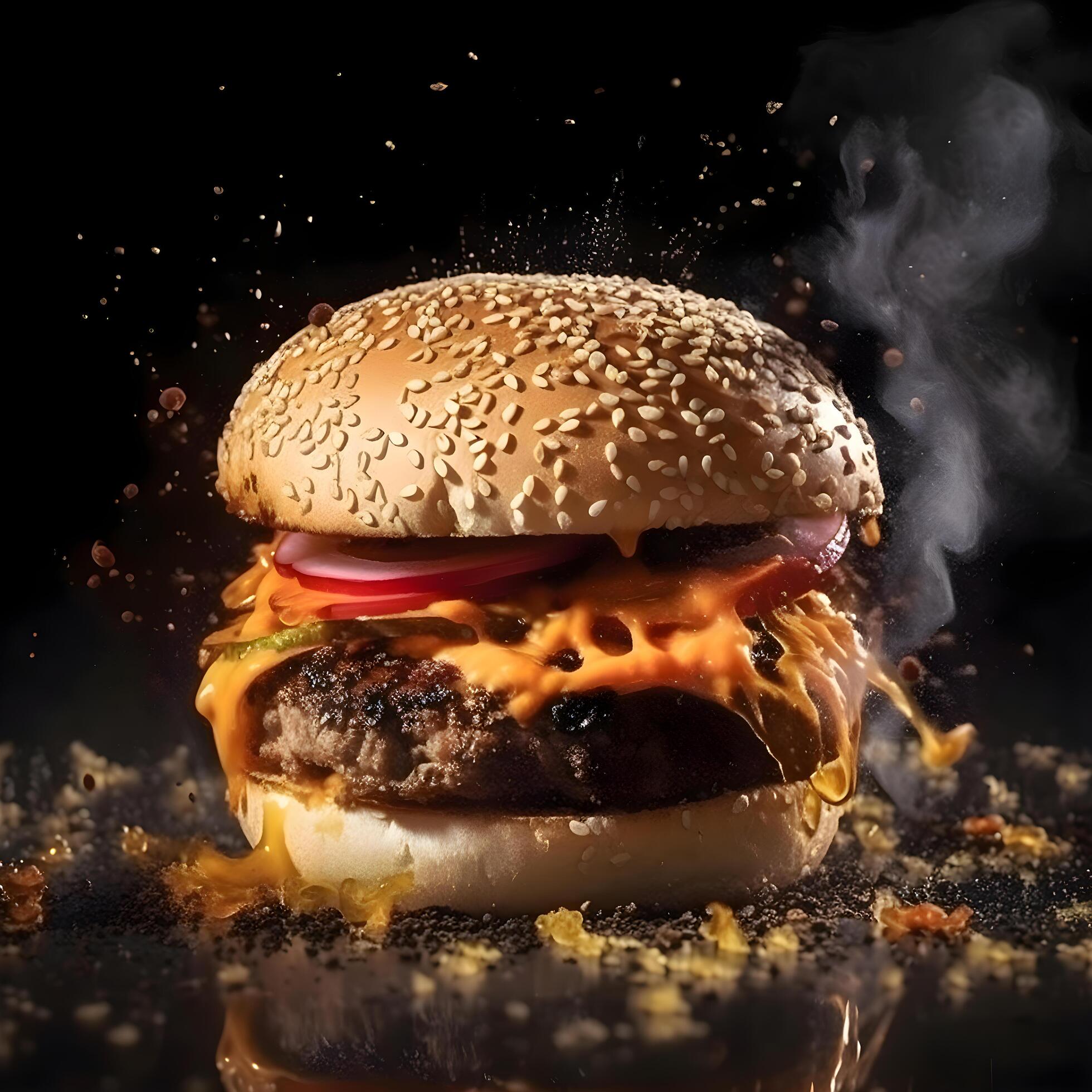 Delicious hamburger with flying ingredients on black background, fast food concept, Image Stock Free