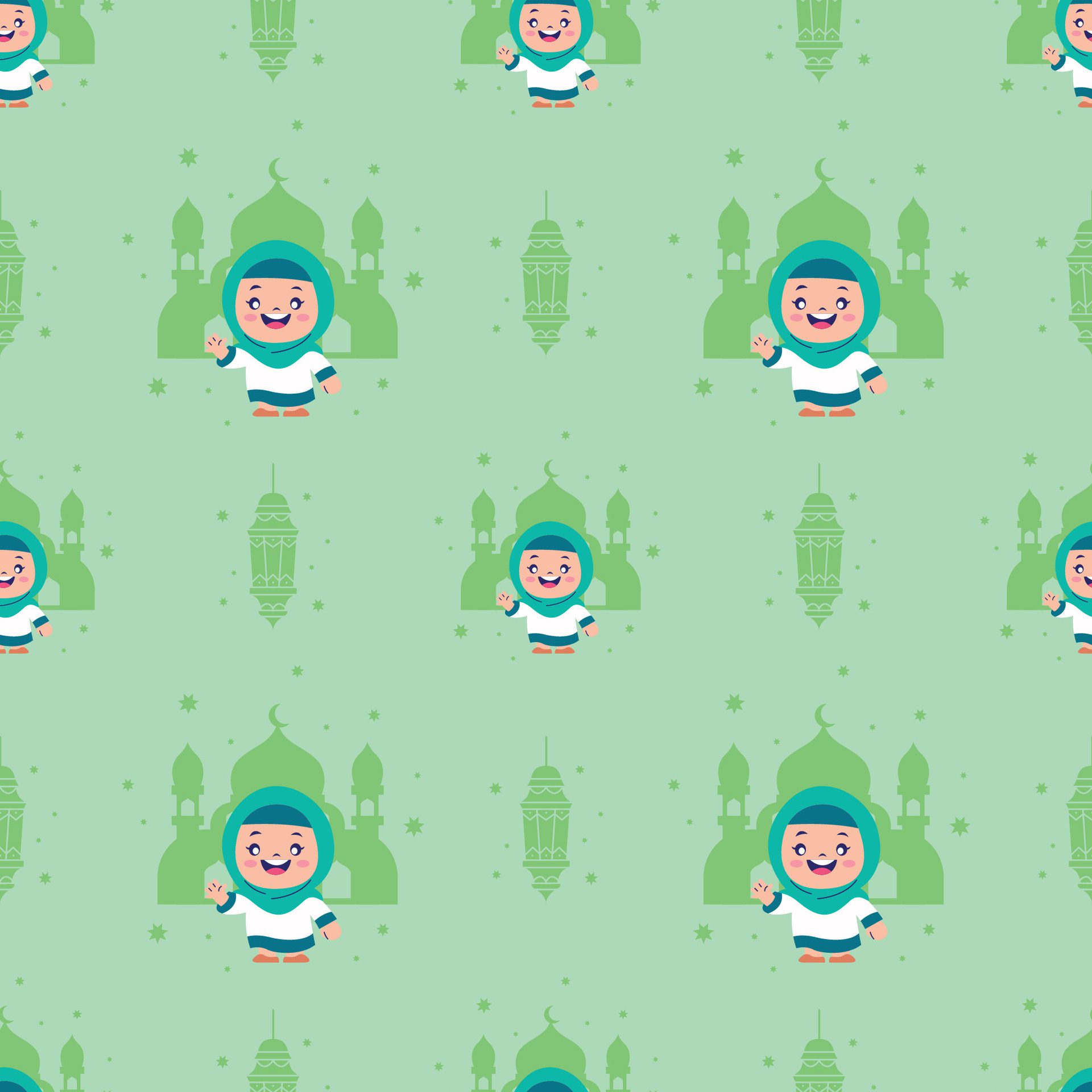 CUTE ISLAMIC GIRL IN HIJAB WITH MOSQUE AND LANTERN SEAMLESS PATTERN Free Vector