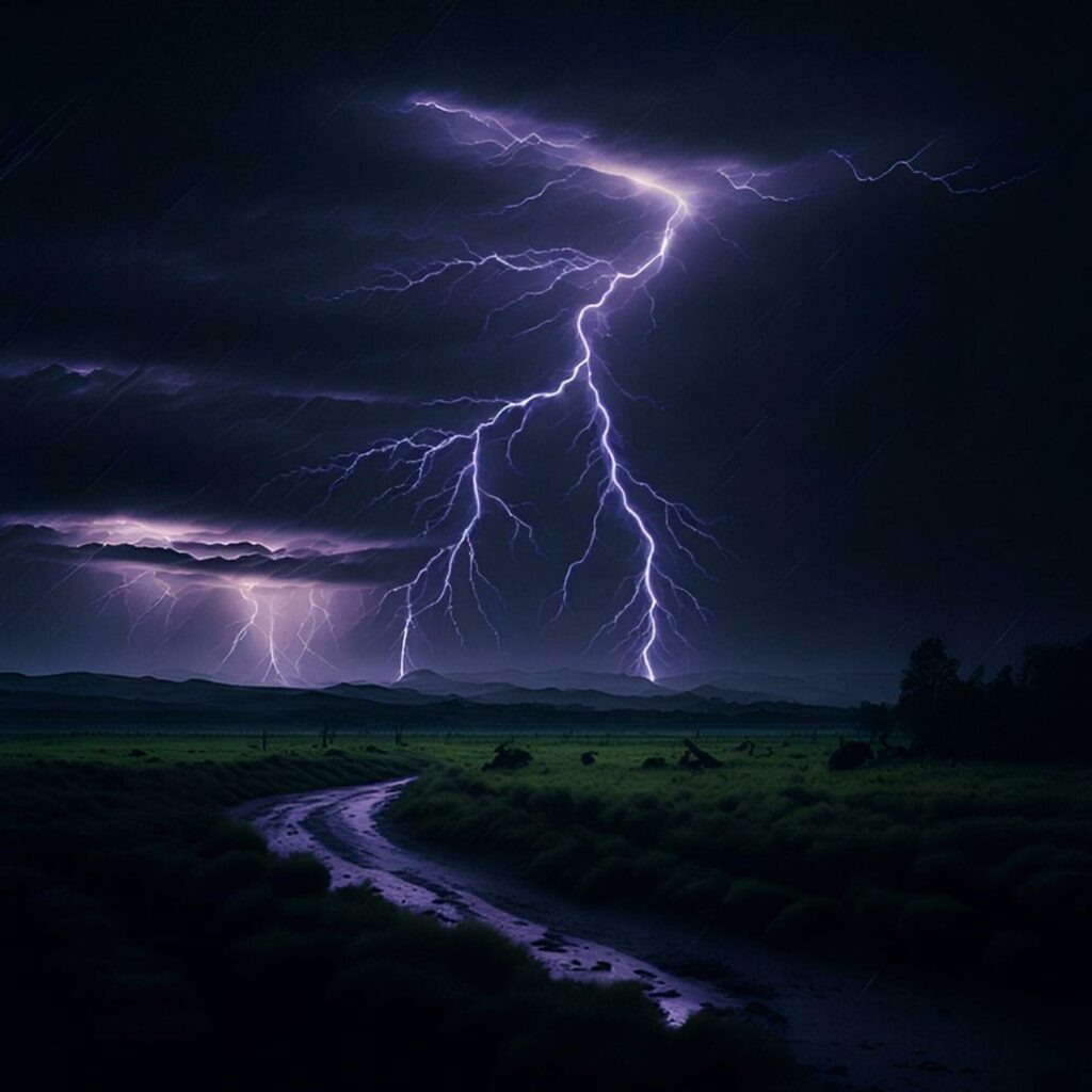 Dark cloudy lightning at night over a natural landscape. Stock Free