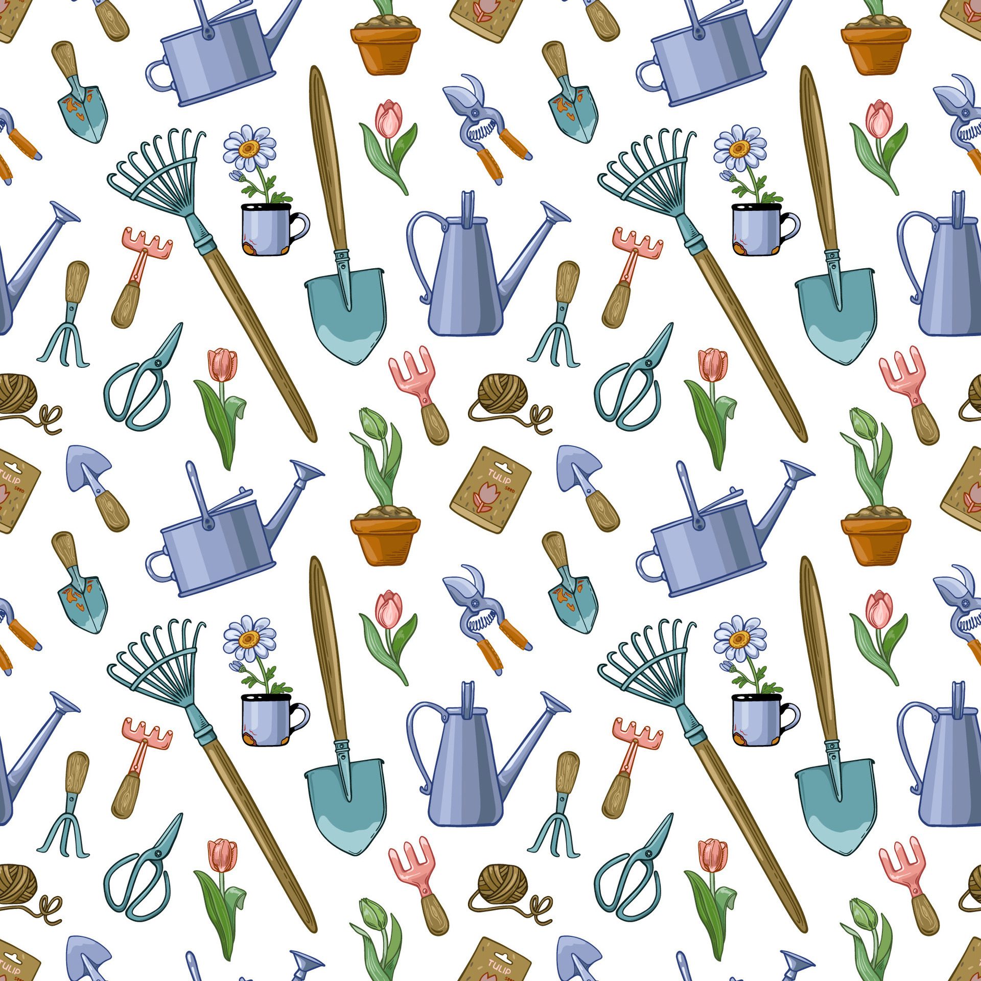 Seamless pattern with gardening tools, flowers, watering cans, bags of seeds on a white background. Vector illustration Free Vector