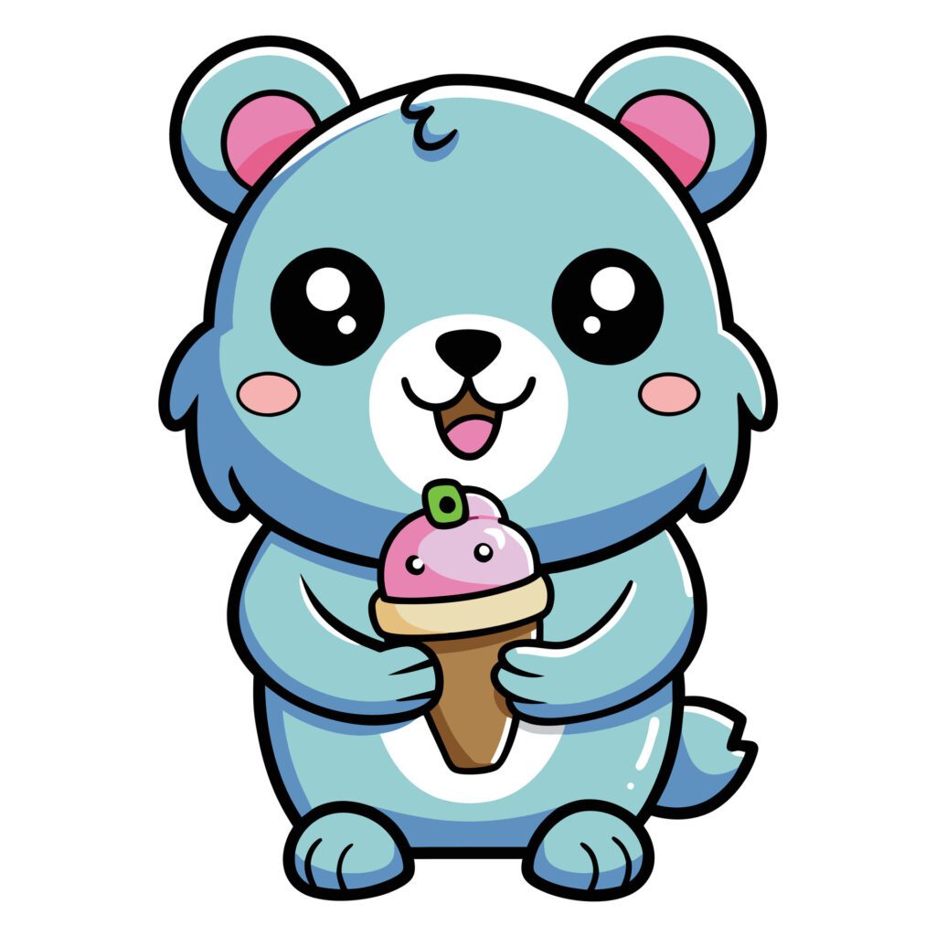 a cute kawaii bear eating ice cream, with clean black outlines, white background Free Vector