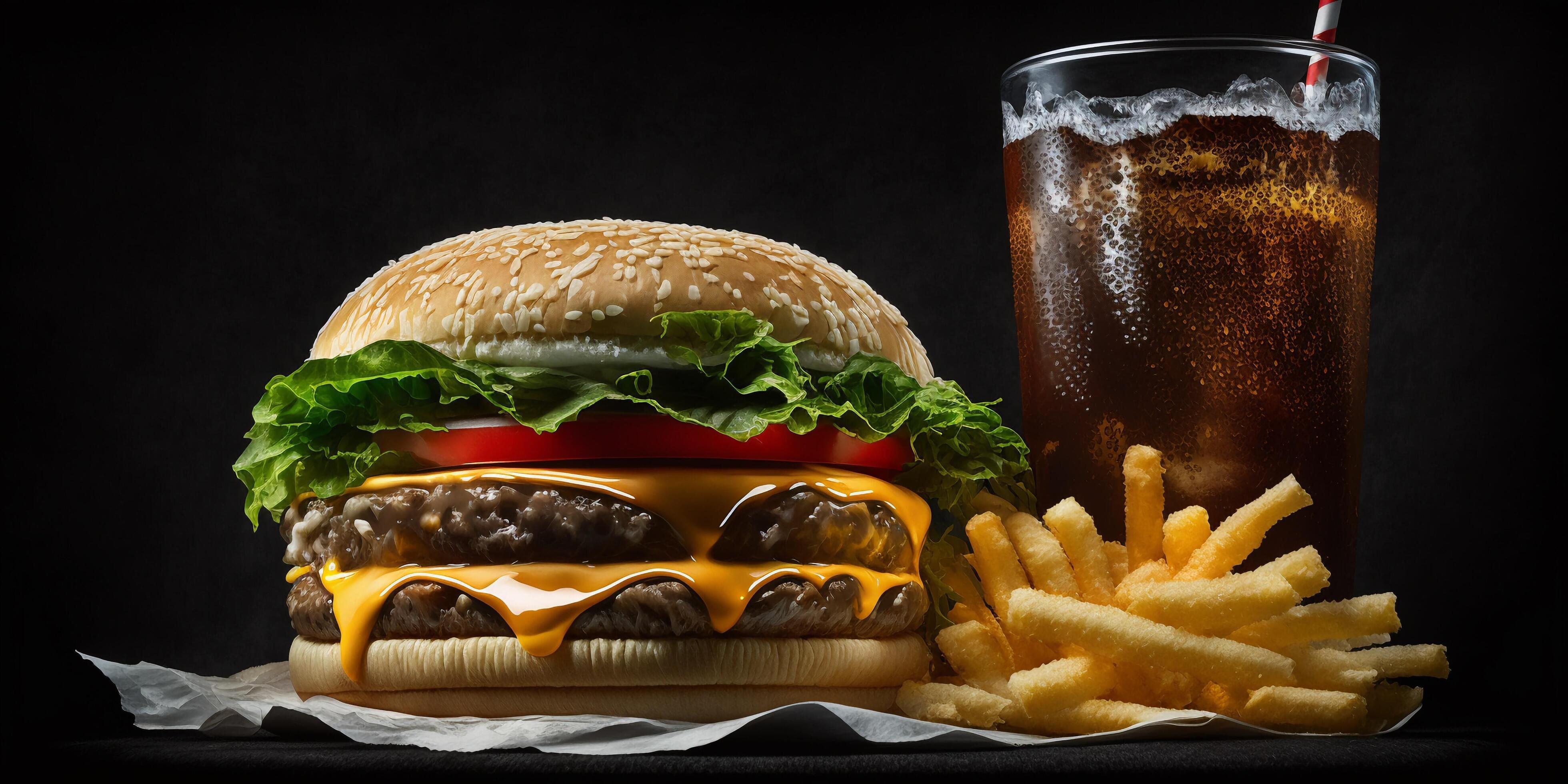 The fast food meal in the black background with . Stock Free