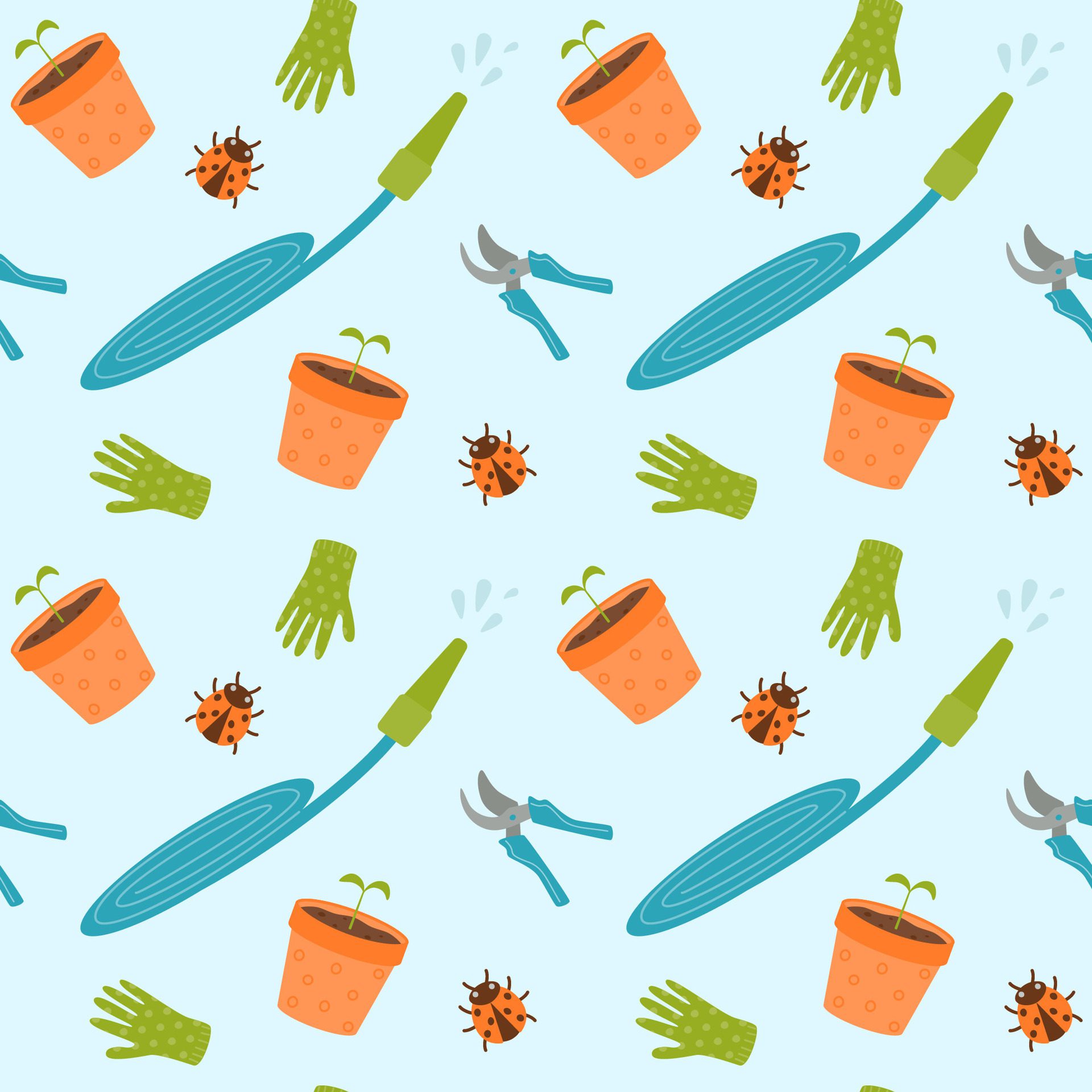 Seamless pattern with garden hose, gloves, flower pot, pruner and ladybug. Free Vector