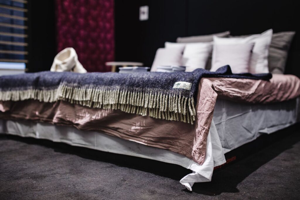 Beds with pillows on a designer exhibition Stock Free