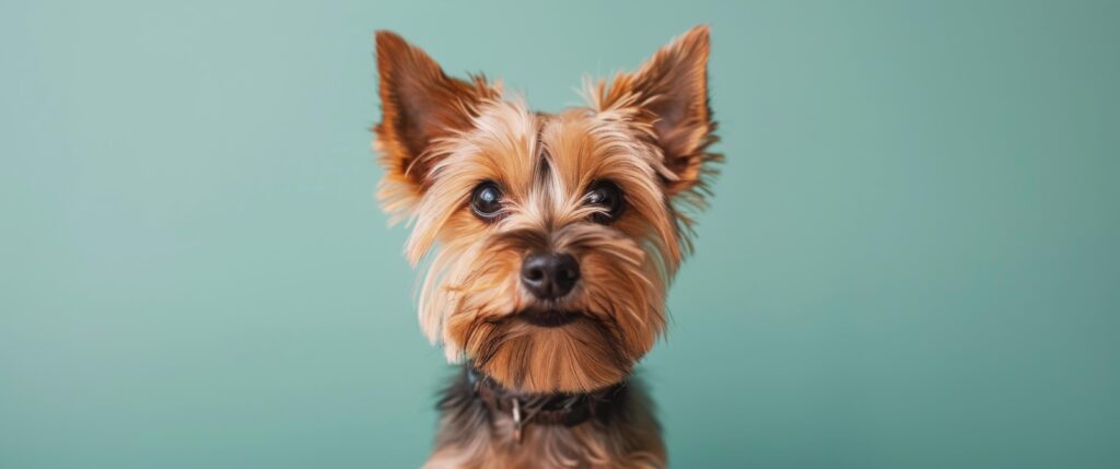 Yorkshire Terrier Looking Directly at Camera Against Teal Background Stock Free