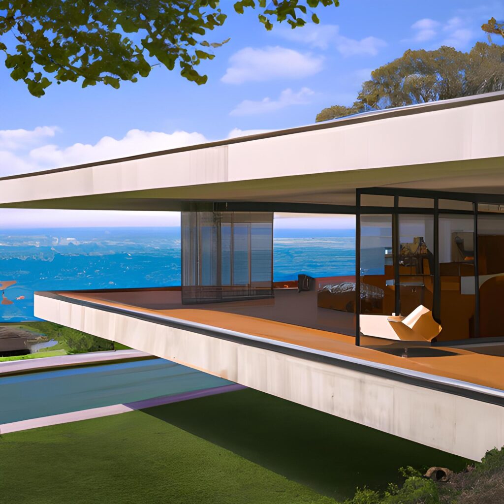 mid century modern style house overlooking the ocean Stock Free