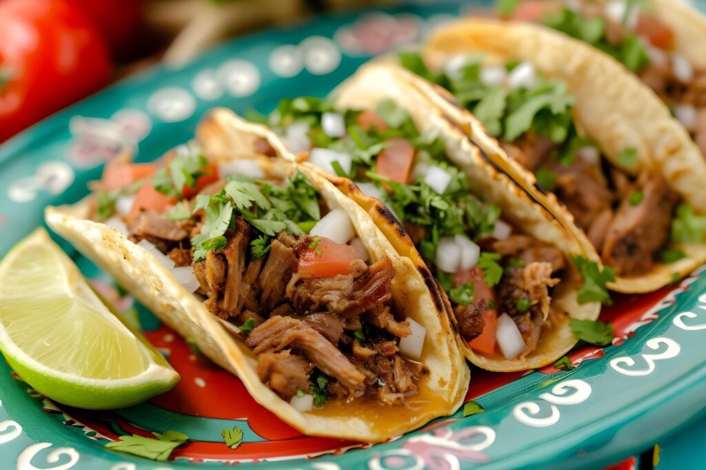 Carnitas Fiesta Tacos on a Traditional Folk Ceramic Dish Free Photo