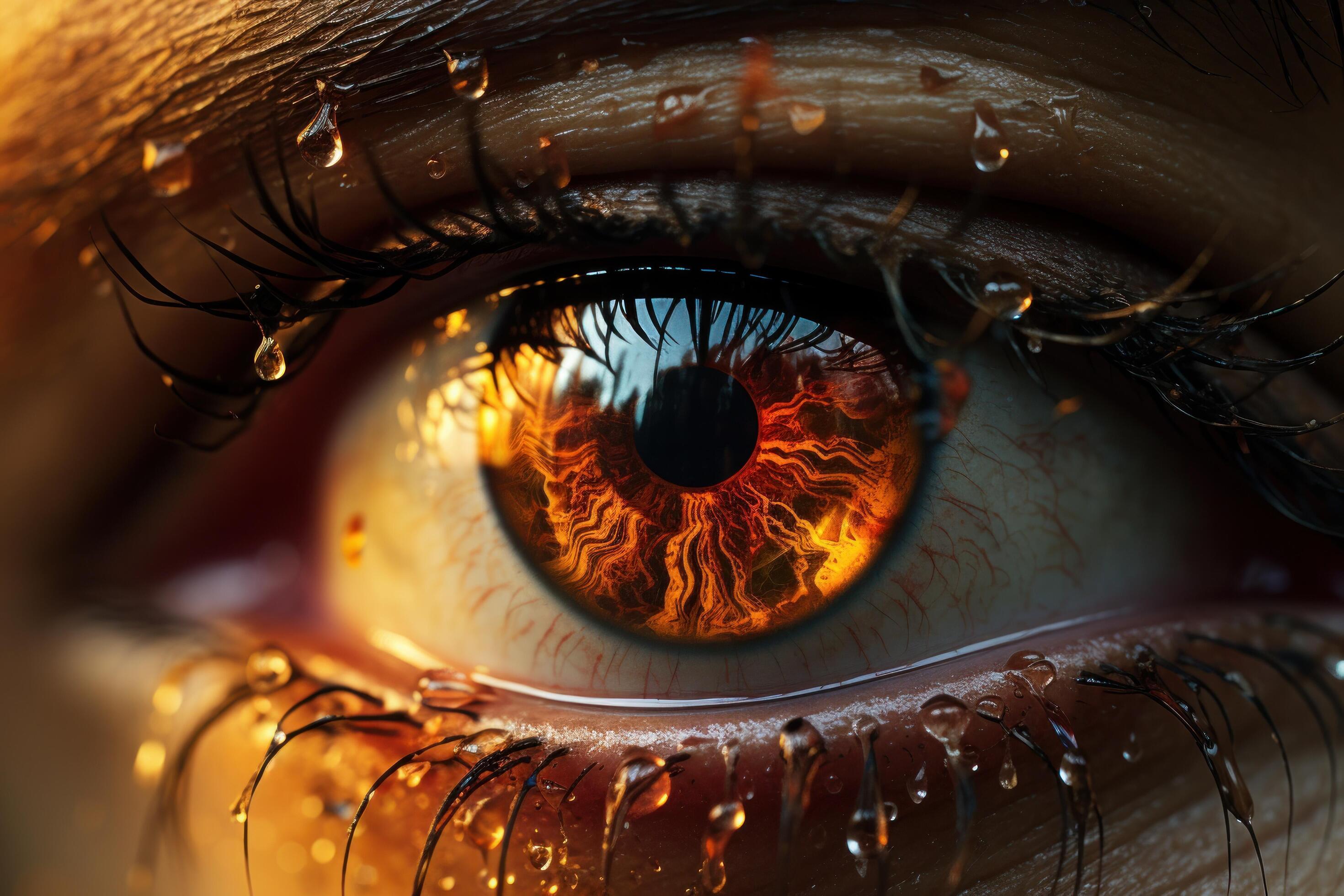 AI generated fire dripping down the eye of a person, uhd image, science fiction influences Stock Free