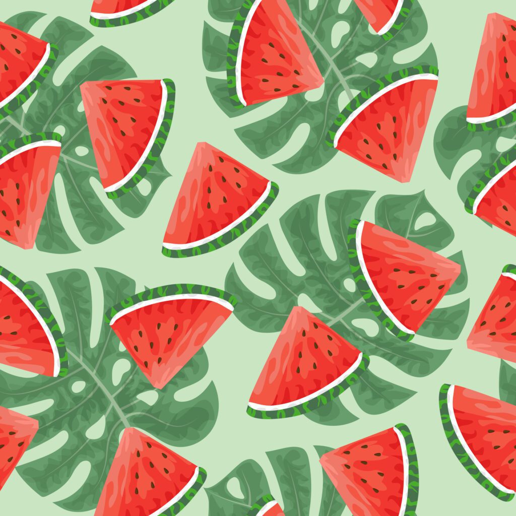 Seamless pattern with hand drawn watermelon slace and tropical monstera leaves on green background. Free Vector