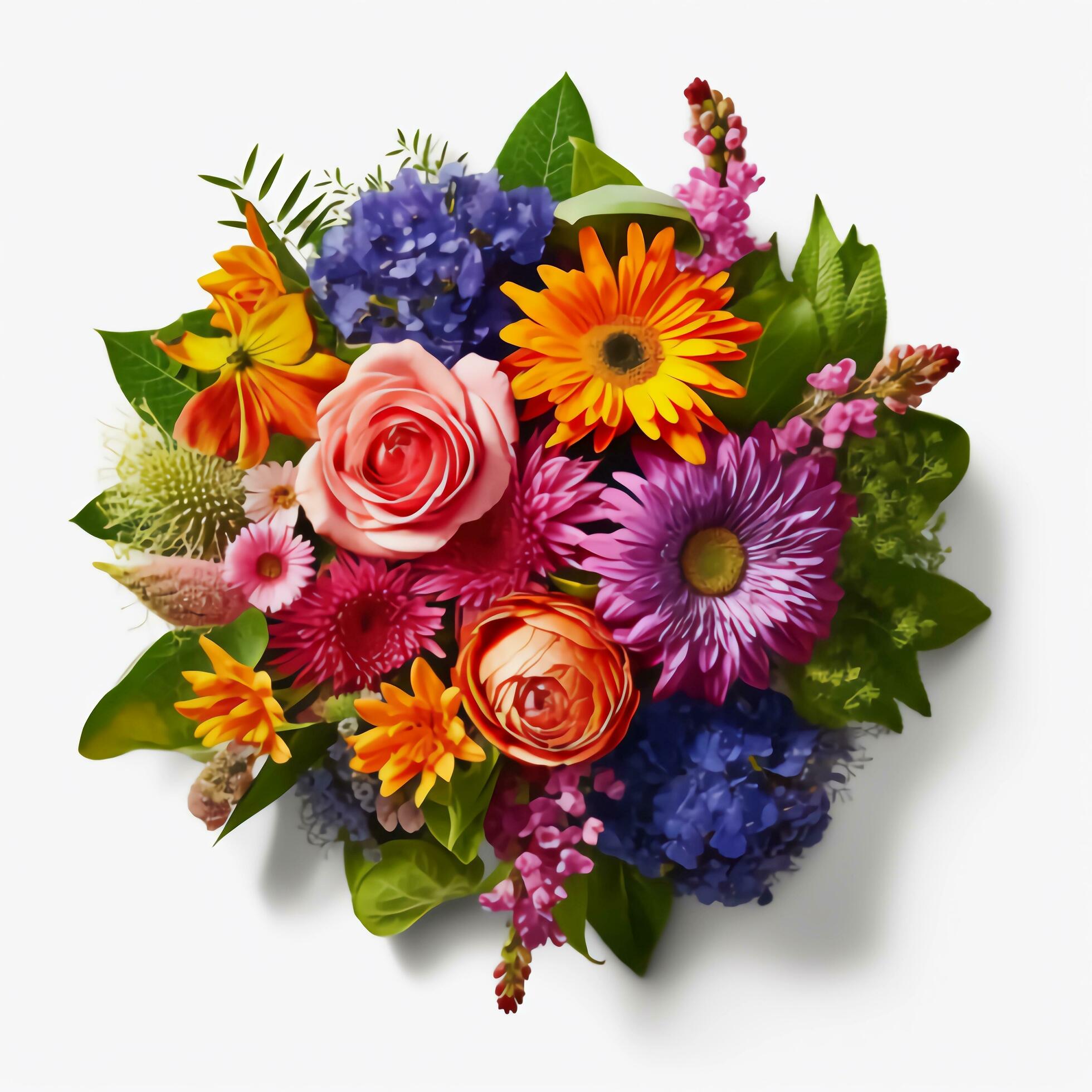 A top view of a bouquet of various colorful flowers. Isolated white background. AI Generated. Stock Free