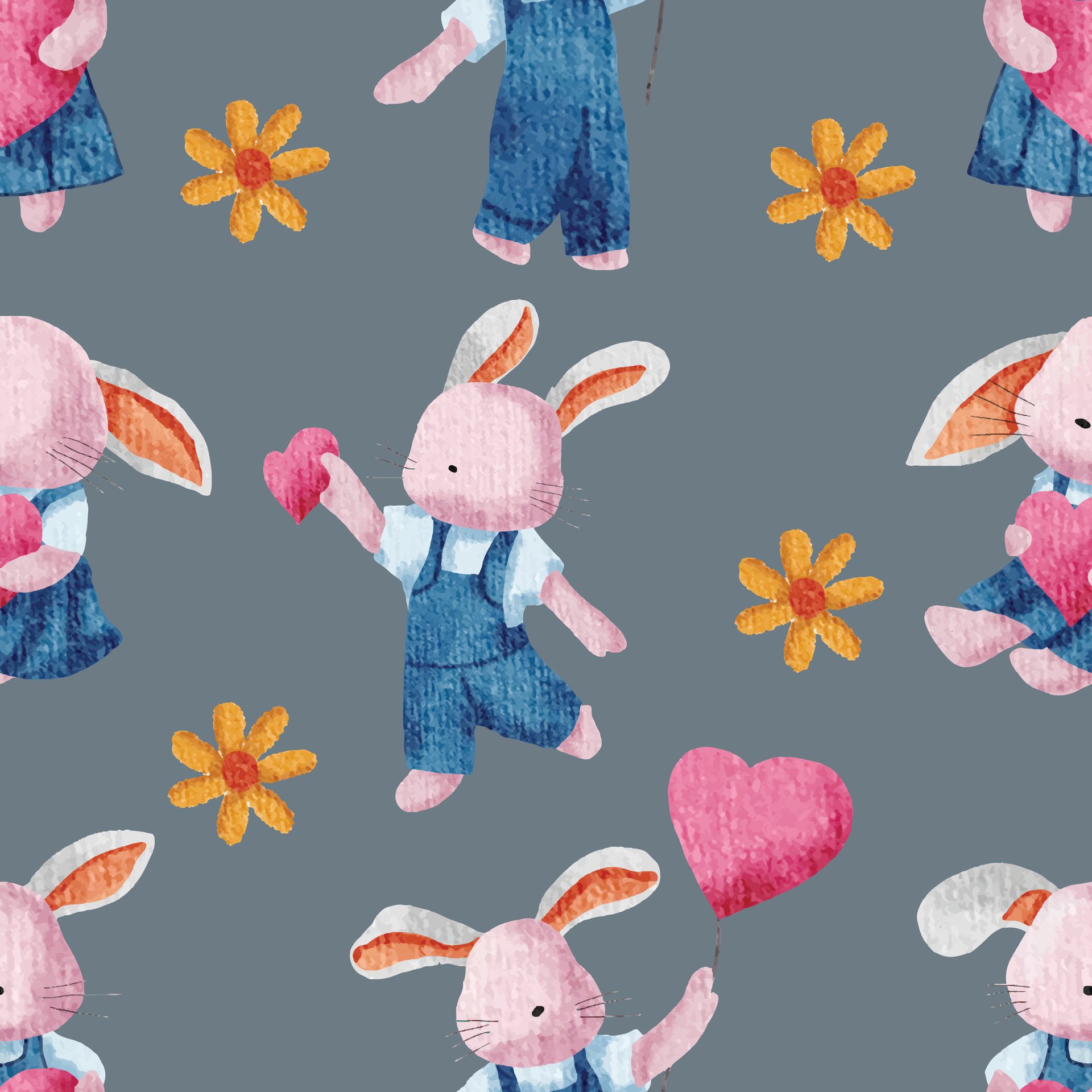 Cute Love Bunny Watercolor Seamless Pattern Free Vector