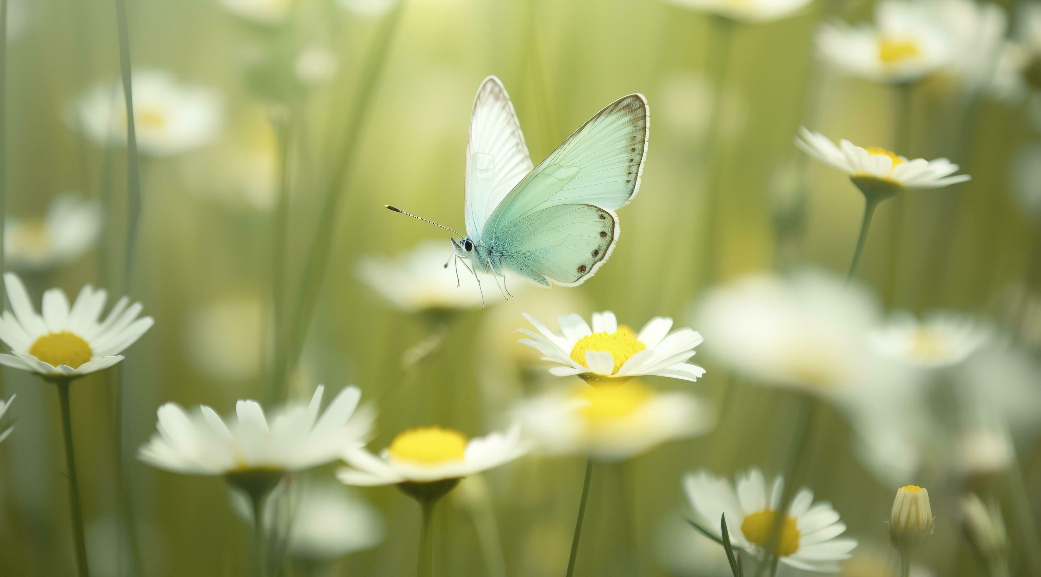 beautiful and colourful butterfly fluttering over the delicate Bellamy flowers daisies on a Sunny summer day, generate ai Stock Free