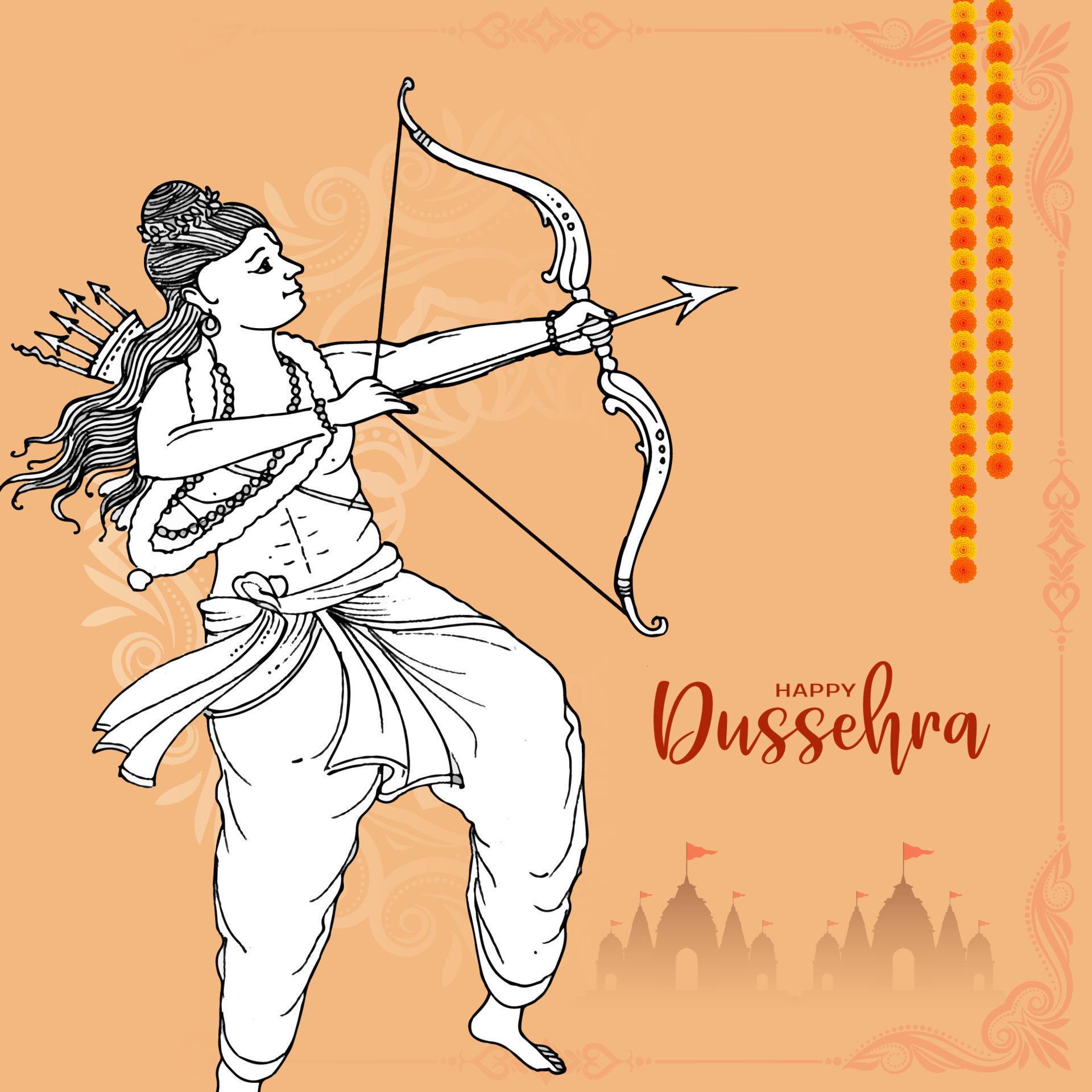 Happy Dussehra Indian festival greeting card with lord Rama aiming arrow Stock Free