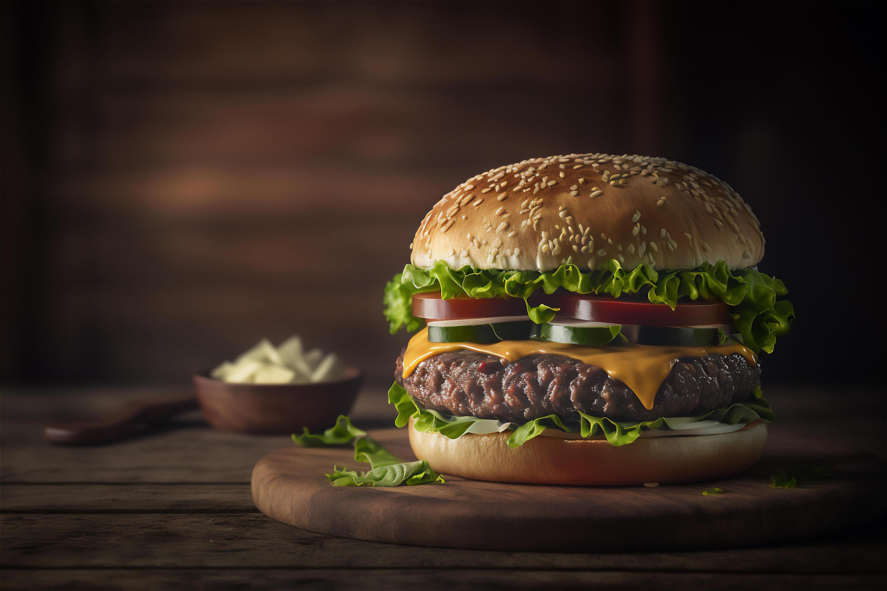 Tasty homemade hamburger on rustic wooden table. Copy space. Advertising. . Fast food snack Stock Free