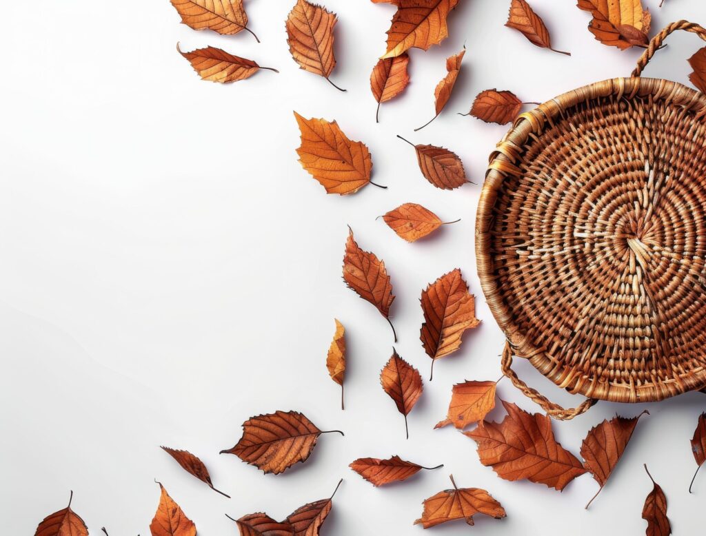 Wicker Bag With Autumn Leaves on a White Background Stock Free