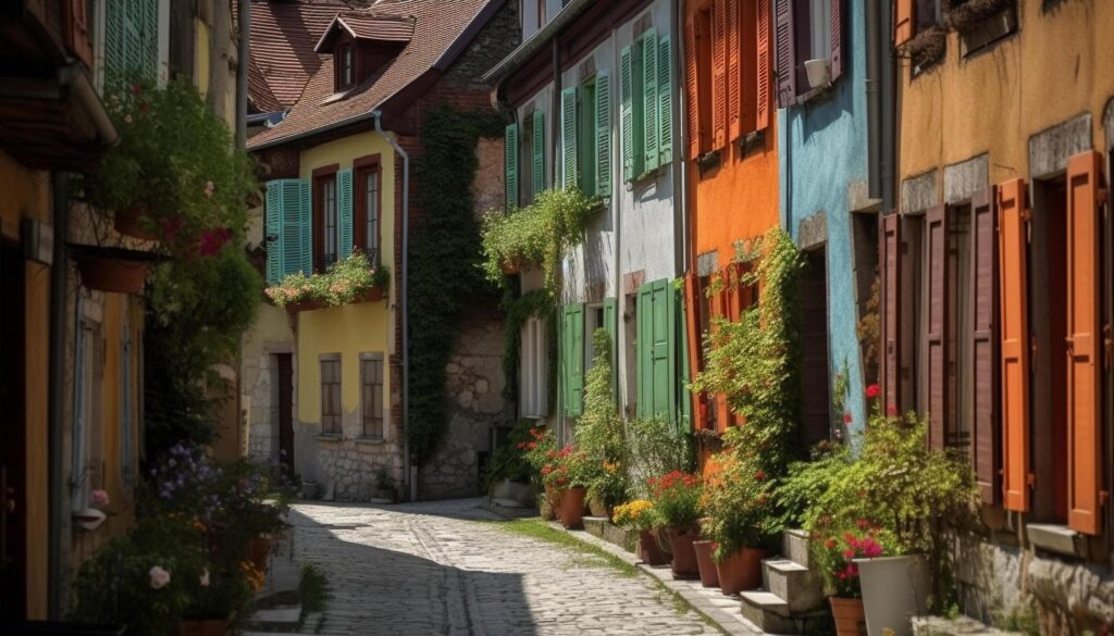 Vibrant flower pots adorn old European balconies generated by AI Stock Free