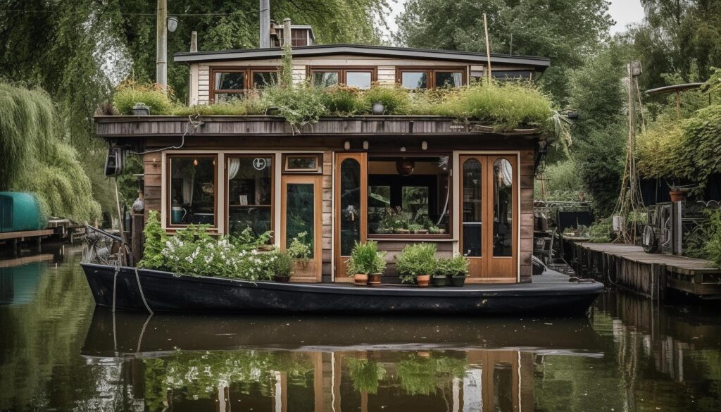 Nautical vessel travels through tranquil canal surrounded by green nature generated by AI Stock Free