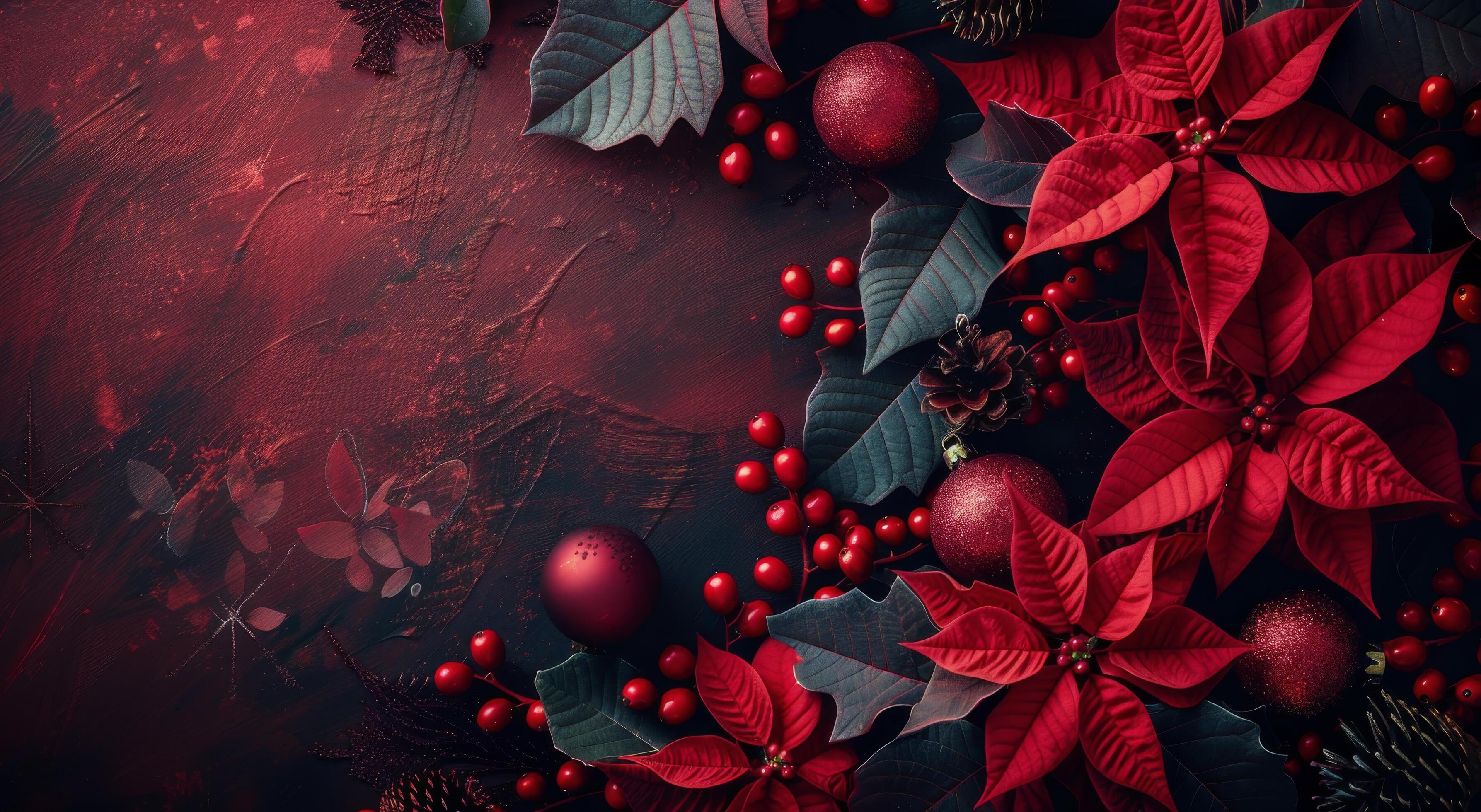 Christmas Decorations With Holly, Poinsettia, and Pine Cones on a Red Background Stock Free