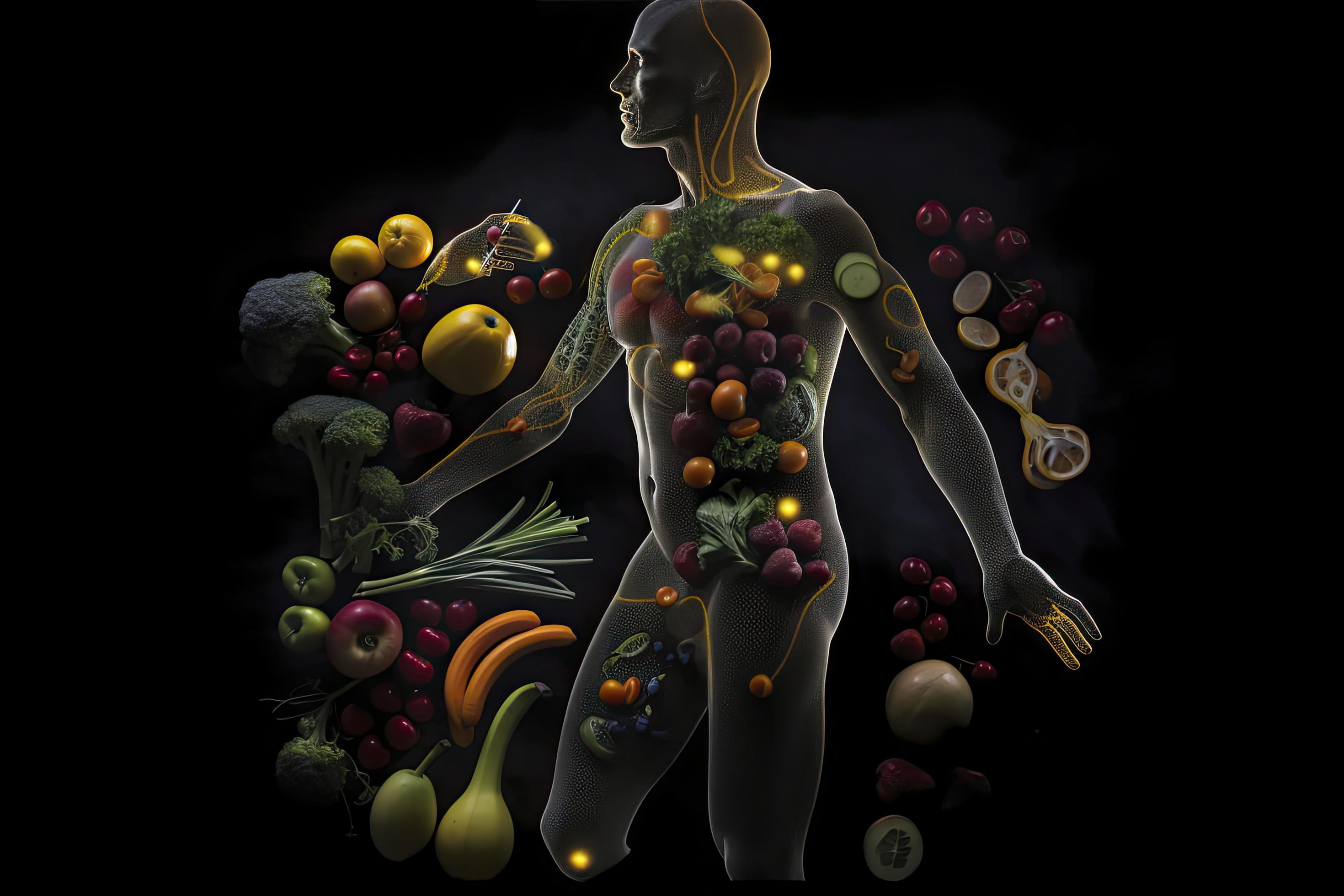 
									outline of a human with bolts of energy running through the body, the body is surrounded by fruit Stock Free